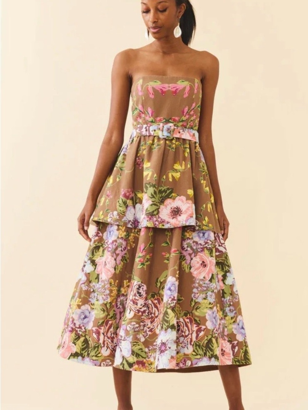 Eddy NWT Daisy Dress Caramel Tan Victorian Floral 100% Cotton Cottagecore Sz S